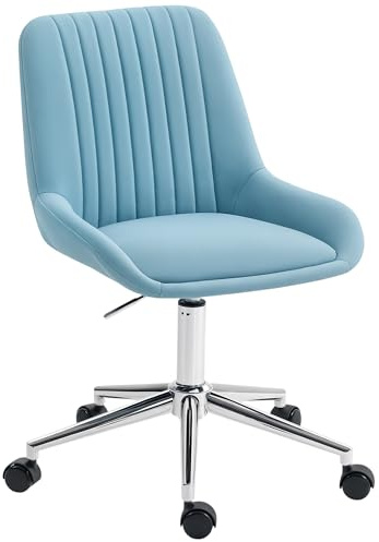 HOMCOM Sedia da Ufficio Scrivania Senza Braccioli Design Scanalato in Pelle PU, Sedia Trucco Ergonomica Imbottita Girevole con Altezza Regolabile per Studio e Camera da Letto, Blu