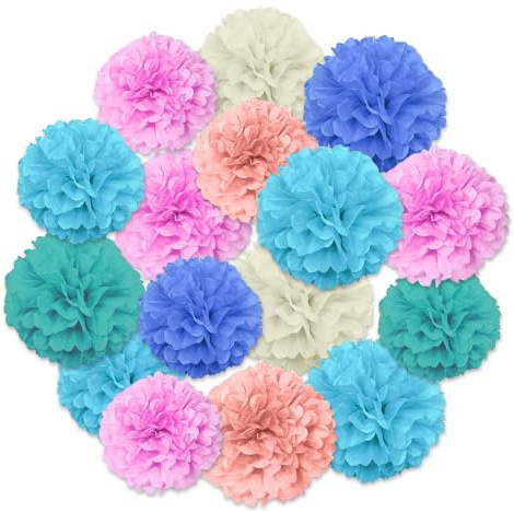 TenaLucy 16 Pièces Multicolore Pompon en Papier de Soie, Decoration Anniversaire, Boules de Fleur en Papier Coloré, 6 Couleurs pour Fête D'anniversaire de Mariage Baby Shower