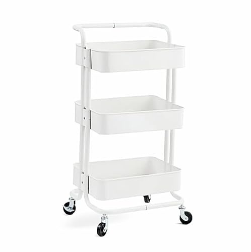 3-Tier White Metal Trolley on Wheels, Storage Trolley Cleaning Caddy
