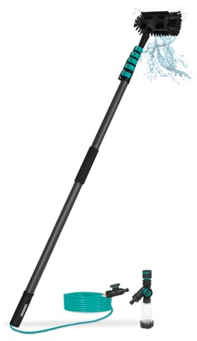 Vonroc Teleskop Waschbürste mit Teleskopstiel 7,5m [100% Carbon] | Ausziehbare Teleskopstange mit Wasseranschluss für Fenster, Terrassendach, Solaranlage inkl. Bürste, Schlauch, Seifenspender