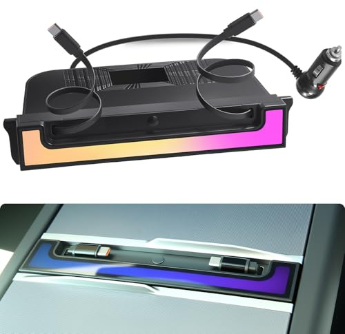 USB Hub for Tesla Model Y Juniper 2025-2026 & Model 3 Highland 2024-2025, 120W USB-C Fast Charging with Retractable Cables, 2-Port Center Console Adapter with RGB Ambient Lighting