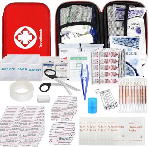 TravelHawk Kit de premiers secours - Kit de premiers secours pour voiture, kit d'urgence pour les déplacements, la randonnée, le camping, le vélo, les premiers secours - Petit sac de premiers secours