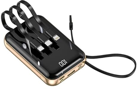 Power Bank 10000mAh SMART·J DX458 con Cavi Integrati USB-C, Lightning e Micro USB – Display LED Digitale, Ricarica Rapida 10W, Design Compatto in ABS e Metallo, per Smartphone,Phone, Auricolari, Smart