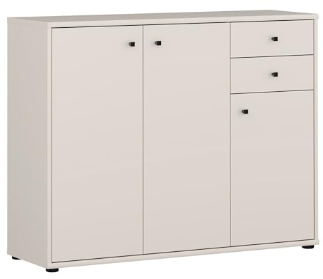 Forte TEMPRA 2 Kommode 100 110, Moderne Kommode 3-türig, 2 Schubladen, Schlafzimmer, Wohnzimmer, Büro, Holzwerkstoff, Kaschmir|Beige, 108,8 cm breit x 85,5 cm hoch x 34,8 cm tief