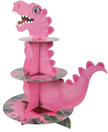 Gutol Dinosaur Cupcake Stand, 3 Tier Dessert Tower Holder, Party Supplies for Wedding, Birthday, Tea Parties, Graduations, Anniversaries, Christmas, Thanksgiving (Pink)