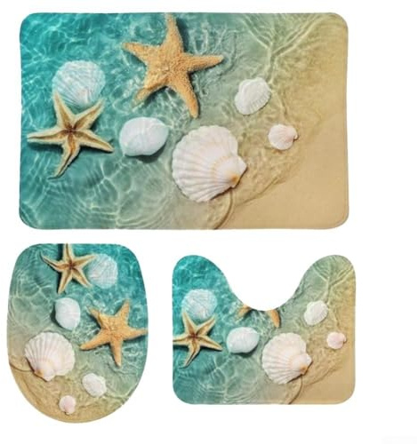 Jotekonoby 3-teiliges Badteppich-Set mit Seestern Muschel-Design – Kontur-Badematte, WC-Deckelbezug & rutschfeste Memory-Schaum-Matten für Zuhause, Hotel o