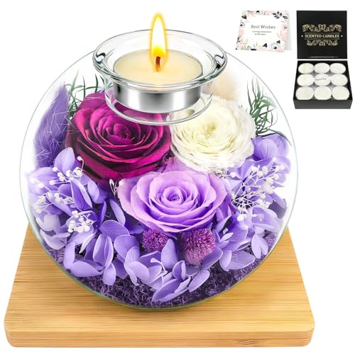 Romantic Purple Forever Rose in Glass Dome with Scented Tealight Gift