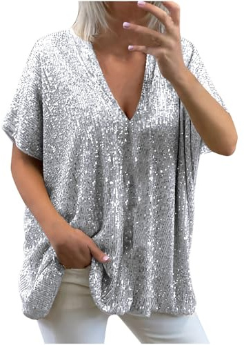KODMNSW Glitzer Oberteile Damen Große Größen Elegant V Ausschnitt Pailletten Oberteil Lockere Passform Party Club Bluse Festliche Kleidung Glitzeroberteil 70er Jahre Outfit Silber XXL