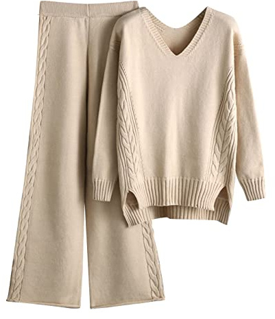 Set für Damen, elegant, für das Fitnessstudio, gestrickt, Oberteil mit Rundhalsausschnitt, Strickset, Sportgymnastik, lässig, lang, elegant, Overall, Heimkleidung
