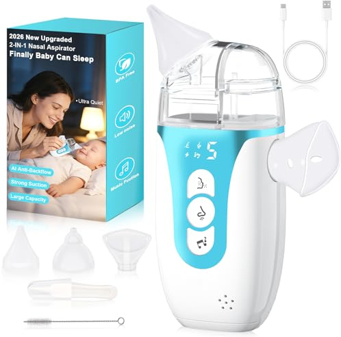 Noxzen Nasal Aspirator for Baby,2-in-1 Smart Electric Nose Sucker, 2026 Upgraded with AI Anti-Backflow Protection,70Kpa Hospital-Grade Suction,15ml Large Capacity,5 Levels,Ultra-Quiet with Music-Blue