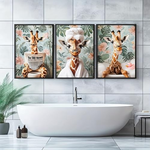Xiyocadt 3er Badezimmer Poster Set, Lustige Giraffe Badezimmer Bilder,Tiere Wohnzimmer Wandbilder, Wandtattoo Bad, Wandkunst Wanddeko Schlafzimmer Bilder, Ohne Rahmen (30x40cm)