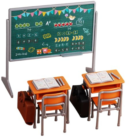 TOYANDONA 1 Set Miniatur Klassenzimmer Spielset- 1:12 Maßstab Mini Puppenmöbelmodelle mit Schultafel, Stuhl, Schreibtisch, Buch, Schultasche - Realistisches Puppenzubehör für Puppenhaus (Gelb