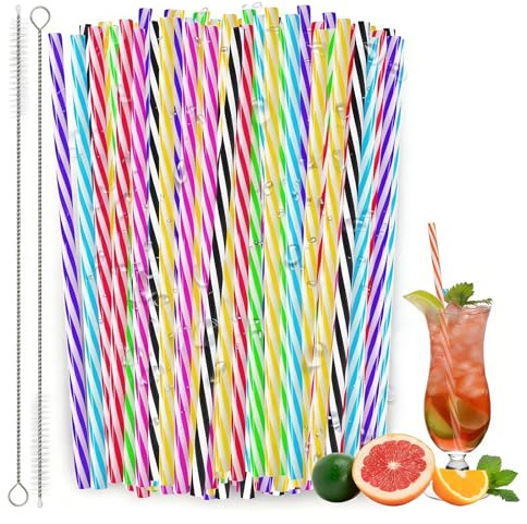 100Pcs Reusable Plastic Straws, Colorful Striped Drinking Straw with Cleaning Brush, Dishwasher Safe, Plastic Straws for Family Bars Cafes BBQ Parties, Straw for Smoothies, Juice, Cocktail, Milk, Tea