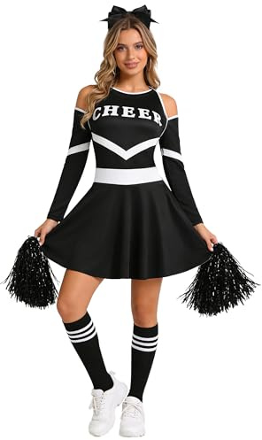 LiiYii Erwachsener Cheerleading Kostüm Damen Trainings Und Auftritts Kostüm Crop Top Rock Strumpf Set Mit Pompoms Rollenspiel Halloween Schwarz Weiß S