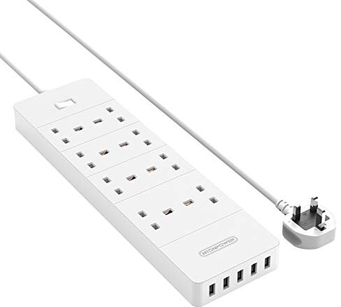 Multi Plug Extension Sockets Switched 8 Gang Electrical Outlets 13amp with 5 USB Charging Ports and 1700J Surge Protector Lightning Strikes Protection, Power Saving Large Block Extender- White