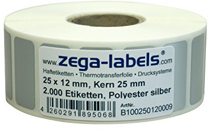 Polyester Thermotransfer Etiketten auf Rolle 25 x 12 mm aus PET Polyesterfolie silber stark haftend für Typenschilder - 2.000 Stück je Rolle - Kern: 25 mm Druckverfahren: Thermotransfer(mit Farbband)