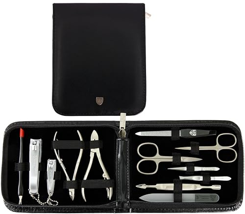 DREI SCHWERTER - 12-tlg. Maniküre-Pediküre-Set 'Firenze' | Hochwertiges Nageletui aus Kunstleder zur Hand- & Fußpflege. Farbe: Schwarz | Inhalt: Nagelschere, Nagelknipser, Pinzette & vieles mehr!