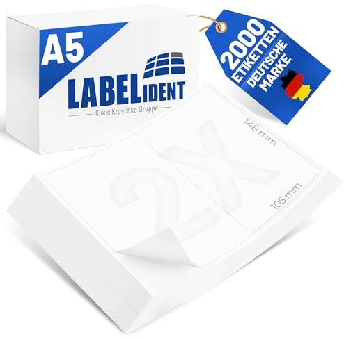 Labelident Laser Etiketten 105 x 148 mm DIN A6-2.000 Labels auf 1.000 DIN A5 Bögen I Adressaufkleber für DHL, DPD, Fedex, GLS, Hermes, UPS I Für Laserdrucker & Inkjet I Papier matt