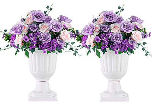 NUPTIO 2 Stück Blumenspindel, Dekorative Urne aus Kunststoff mit Einer Höhe von 35.5cm, Hoher Kunststoff Pflanzensockel, Blumentopf im Vintage Stil, Hausgarten Veranda Türdeck Balkondekoration, Weiß