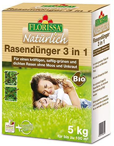BIO Rasendünger 3 in 1 (5 kg) mit Eisen für einen dichten Rasen ohne Moos