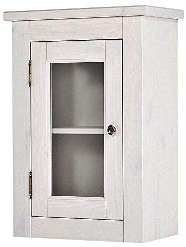 Lomadox Landhaus Badezimmer Wandschrank Hängeschrank mit Drehtür und Einlegeboden Massivholz Kiefer weiß B/H/T: 45/65/25cm