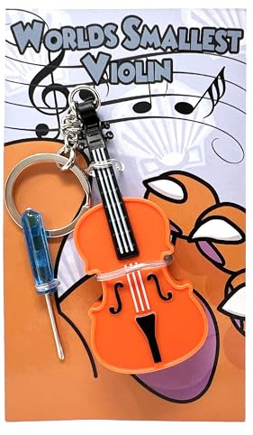 MunnyGrubbers - Portachiavi giocattolo violino più piccolo del mondo originale con musica triste riproducibile - Piccolo portachiavi mini violino con suono, Arancione-nero-bianco, Adulto