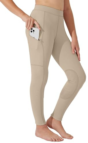 Willit Girls Horse Riding Pants Tights Kids Equestrian Breeches Knee-Patch Youth Schooling Tights Zipper Pockets Khaki M