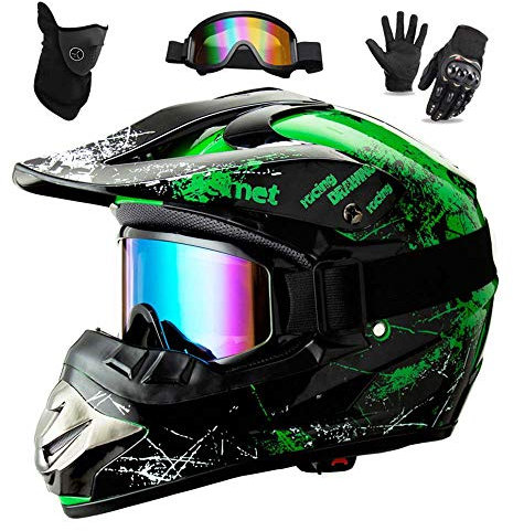 WEITY Motocross Helm Set mit Brille Handschuhe Gesichtsmaske, für Kinder und Erwachsene, Full Face AVT MX Motorradhelm für Downhill Offroad Enduro Scooter Sport tification Grün,S DSF