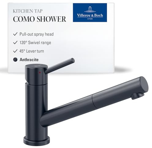 Villeroy & Boch Como Shower Hochdruck-Küchenarmatur mit ausziehbarer Handbrause und 120° Schwenkbereich, 120 mm Auslaufhöhe, komfortabler Bedienhebel, Anthrazit