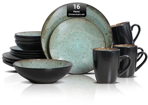 Home VSS, Stoneware Dinner Set Reactive Glaze (16pc Set, Java Green)