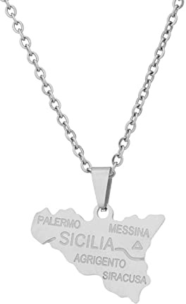 CECECOLEPansr Italien Sizilien Karte Umriss Anhänger Halskette Schmuck Charm Mode Geometrischer Buchstabe Hip Hop Paar Halskette Unisex Pullover Kette Für Damen Herren Geschenk,Silber,45Cm(17.7 Zoll)