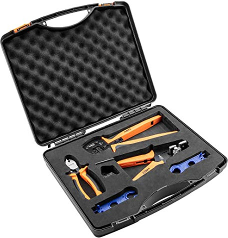 NEO TOOLS Photovoltaik-Werkzeugsatz 5 Stück, Chrom-Vanadium-Stahl, TÜV Zertifikat, Abisolierzange, eine MC4-Steckverbinder-Crimpzange, MC4/MC3-Steckverbinder-Schlüssel und einen Kabelschneider