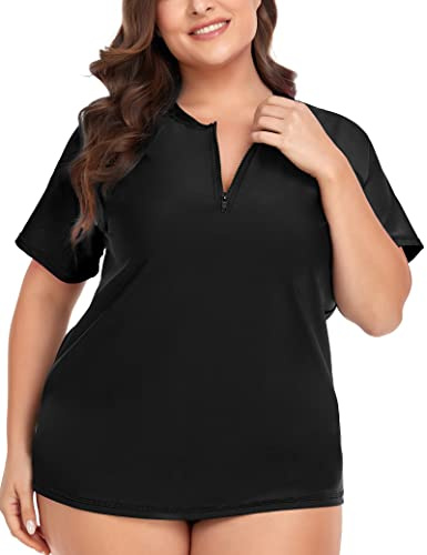 COOTRY Womens Plus Size Rash Guard Short Sleeve Swim Shirt UPF 50+ Sun Protection Zip Swimsuit Tops Black 3XL