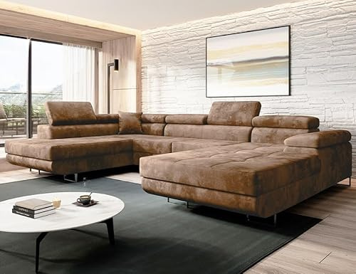 Moderno Ecksofa mit Schlaffunktion und Bettkasten VARBERG - Sofa mit Robusten Überzug - Schlafcouch U-Form - Modern Couch - 72x345x205 cm - Links Beige