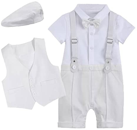 Bebé Niño Caballeros Mameluco Trajes Bebé Ropa de Bautizo Vestidos Boda Monos Pajarita Chaleco con Sombrero Cumpleaños Trajes Blanco 6-12 Meses