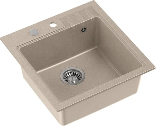 QUADRON Spülbecken Küchenspüle Granit | Größe 50 x 52 x 20 cm, Beige & Stahl | PETER 110 Granitspüle Einzelbecken-Spüle | Einbauspüle mit Hahnloch | Einbeckenspüle Spüle Küche