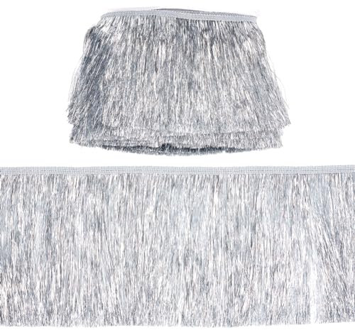 MAYJOYDIY 9,1 m x 15,2 cm breite Lametta-Fransenborte, metallische Fransenborte, Gainsboro Farbe, Spitze, glänzende Lametta-Quaste, Fransenborborborborte, für DIY-Kleid, Kleidung, Nähen, Basteln,