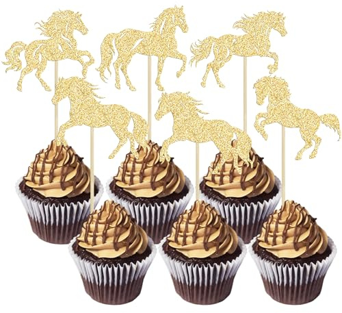 Ephlyn 24Pcs Horse Cupcake Toppers Glitter Animal Horse Racing Cupcake Pick Decorations for Baby Shower Kids Birthday Equestrian Theme Party Decorations Supplies Gold