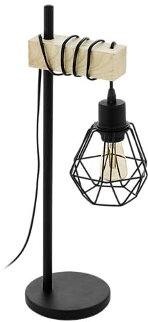 Eglo Table lamp Townshend 5, Wooden Bedside lamp in Industrial Design, Vintage Living Room Lighting, Black Metal and Natural Wood, FSC, E27 Socket