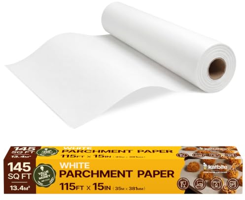 Katbite Baking Paper Roll Parchment Paper White 38 cm x 35 m with Cutter | White parchment baking paper roll with serrated cutter. Non stick extra strong. Space saving design for baking & cooking