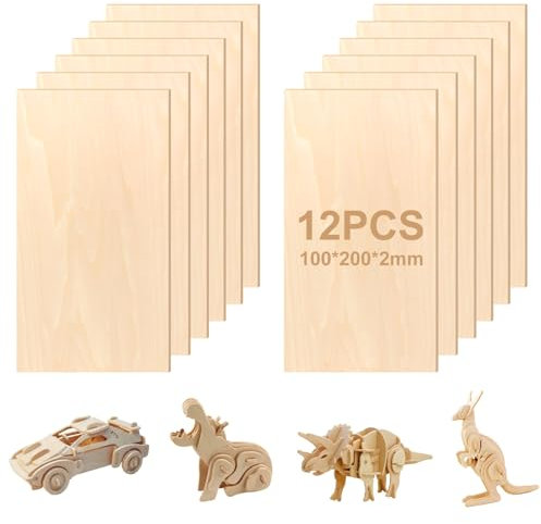 NVIYAM 12 Pezzi Fogli di Legno di Balsa, 100 × 200 × 2mm Foglio di Compensato, Tavole Modello in Legno, Tavola di Tiglio Pannelli per Artigianato Fai Da Te Artigianato Pittura Decorazioni