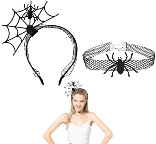 2 Stück Halloween Haarreif,Halloween Damen Kostüm Spinne Accessoires | Spinnen Haarschmuck Erwachsene Kopfschmuck Spinnenkostüm Zubehör Spinnennetz Stirnband Halskette,für Hexen kopfbedeckung