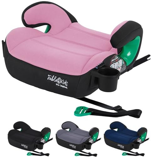 FableKids Sitzerhöhung Auto Kinder Isofix | 3-Punkt-Sicherheitsgurt | Kindersitzerhöhung bis 12 Jahre | Autositz für Kinder 125-150cm mit Becherhalter | ECE R129/03 | Pink