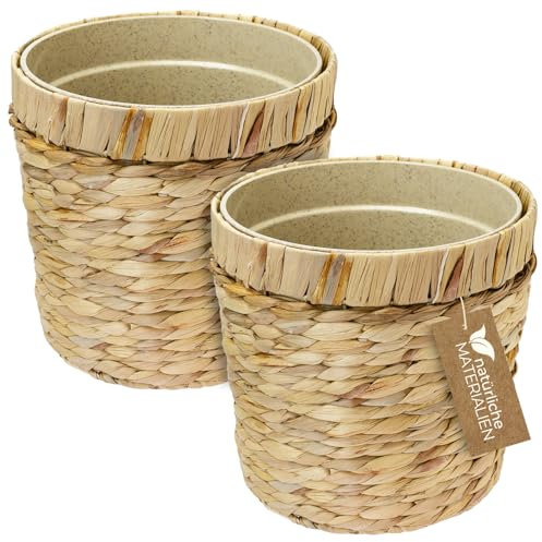 HMF Pot de Fleurs innovant tressé en Jacinthe d'eau, avec Pot de Plantes en matières premières durables, Rond | Set de 2 | 25 cm de diamètre