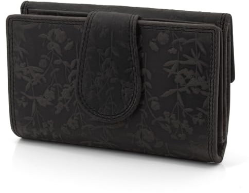 ekavale Frauen-Portemonnaie mit Blütenmuster, Leder Geldbörse für Damen mittelgroß, Riegelverschluss, RFID-Schutz (Schwarz)