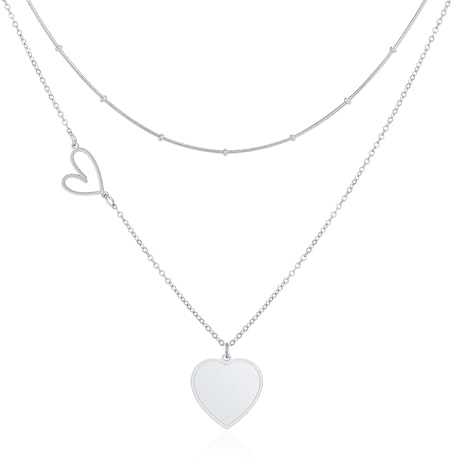 Linawe Collar con Colgante en Forma de Corazón para Mujer, en Acero Inoxidable, Cadena en Capas, Joyería Disponible en Oro, Oro Rosa y Plata