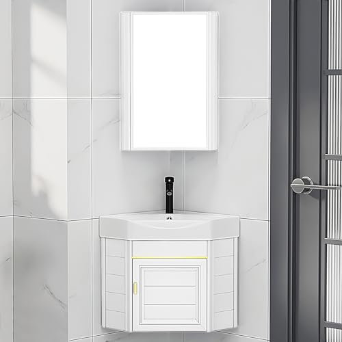 Modernes Eckwaschbecken-Set mit Keramik-Spüle, Spiegelschrank und Wandmontage, perfekt für kleine Räume, erhältlich in B-Größe (38 cm), Weiß