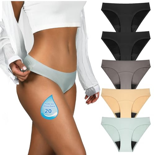 TIICHOO Periodenunterschwäsche Starke Blutung Nahtlos Perioden Bikini Unterwäsche 5er Pack(2XL, Kaffee/Beige/Rauchgrün/2 Schwarz)