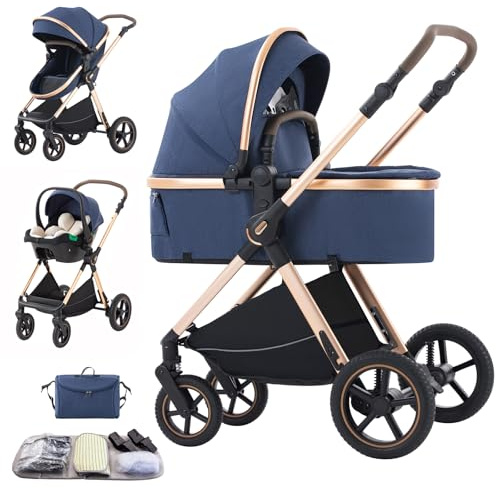 Shineey Passeggino 3 pezzi Carrozzina Ovetto Schienale Regolabile Completamente Reclinabile passeggino 3 in 1Grandi Ruote pneumatici in gomma,passeggino combinato (D2/BLUE, H2-D)