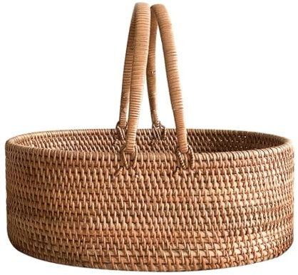 ZLSNOBLE Cesto da Picnic in Rattan con Manico, Cesto Regalo Ovale in Vimini, Cesto da Picnic in Rattan Intrecciato A Mano, Cesto da Campeggio, Cesto per Uova E Pane